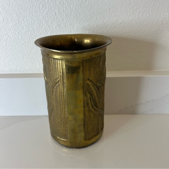 Vintage Brass Floral Embossed Cylinder Vase Gold Tone Decorative Home Accent - Picture 4 of 13